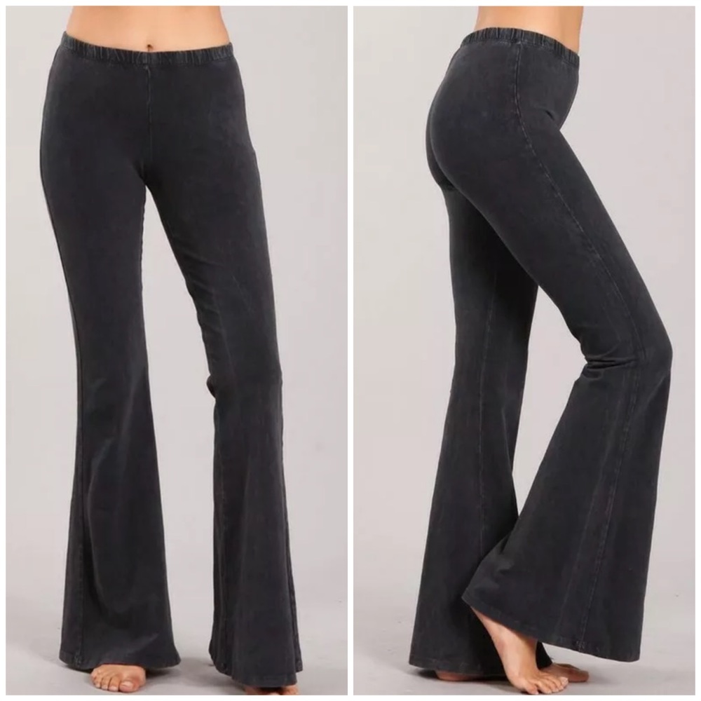 Dark Gray Boho Mineral Wash Flared Stretch Pants - Picture 1 of 6
